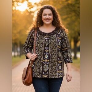 R.Q.T. Woman brown/multicolored blouse, wide round decorative neck,3/4 sleeve,2X